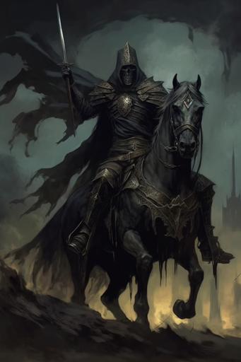 a knight riding a horse with a long tail, in the style of gothic dark and macabre, gothcore --ar 2:3 --v 5.1