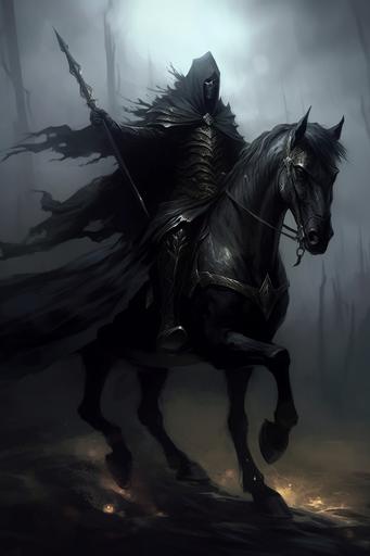 a knight riding a horse with a long tail, in the style of gothic dark and macabre, gothcore --ar 2:3 --v 5.1