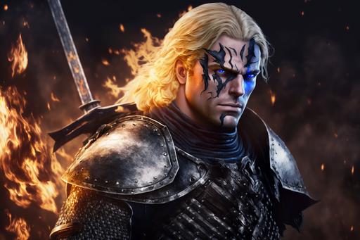 a knight standiing on a battlefield, death all around, a look of defiance on his face, blue eyes, blonde hair, honorable, wearing black armor. holding a flaming sword, Shot on IMAX 70mm, --ar 3:2 --chaos 27