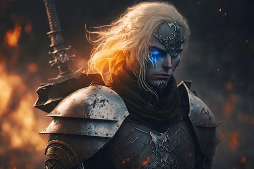 a knight standiing on a battlefield, death all around, a look of defiance on his face, blue eyes, blonde hair, honorable, wearing vantablack armor. holding a flaming sword, Shot on IMAX 70mm, --ar 3:2 --v 4