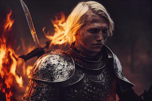 a knight standiing on a battlefield, death all around, a look of defiance on his face, blue eyes, blonde hair, honorable, wearing vantablack armor. holding a flaming sword, Shot on IMAX 70mm, --ar 3:2 --test --creative