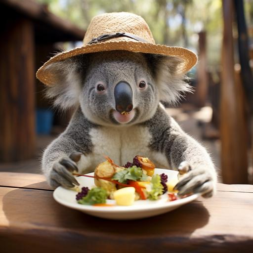 a koala eating with a hat