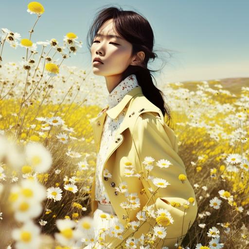 a korean chic female model on A field of many daisies , with clear sky, wearing light yellow clothes. photo. editorial. vogue. --v 4