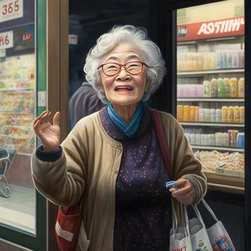 :a korean grandmother leaving a korean convenience store, looking back and smiling and waving to say goodbye