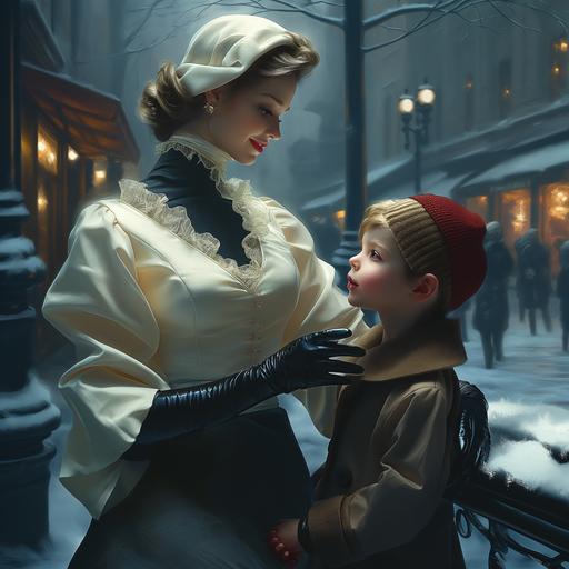 a lady in luxurious attire, presenting a pacifier to the intrigued toddler boy, set against a snowy urban street scene, beautifully decorated, very detailed --v 6.0 --s 750
