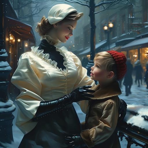 a lady in luxurious attire, presenting a pacifier to the intrigued toddler boy, set against a snowy urban street scene, beautifully decorated, very detailed --v 6.0 --s 750