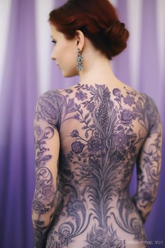 a lady with a full body lavender ornamental Tattoo --v 5.1 --s 250 --ar 4:6
