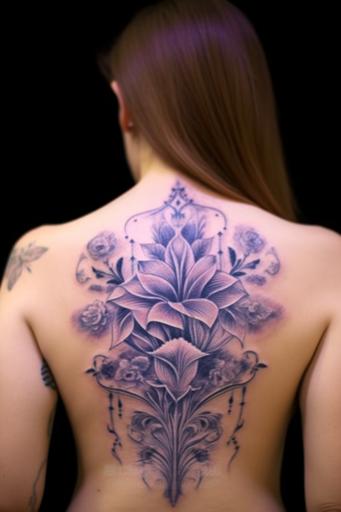 a lady with a lavender ornamental Back Tattoo --v 5.1 --s 250 --ar 4:6