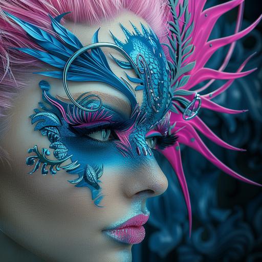 a lady with fashionable makeup on her face designed like a blue dragon for her eyeshadow on her eyelids, the blue dragon should be prominent and clear, pink punk rock mohawk, background has a cirque du soleil theme, full view of the scene, precise intricate details, photorealistic, hyperrealism, 3D HDR image, ultra quality