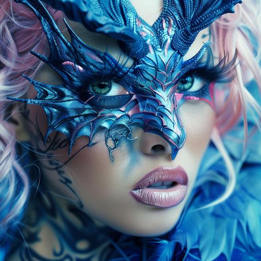 a lady with fashionable makeup on her face designed like a blue dragon for her eyeshadow on her eyelids, the blue dragon should be prominent and clear, pink punk rock hairdo, background has a cirque du soleil theme, precise intricate details, photorealistic, hyperrealism, 3D HDR image, ultra quality,