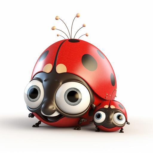 a ladybug with a baby ladybug, cartoon style, disney style, white backround, high quality, 3d rendered