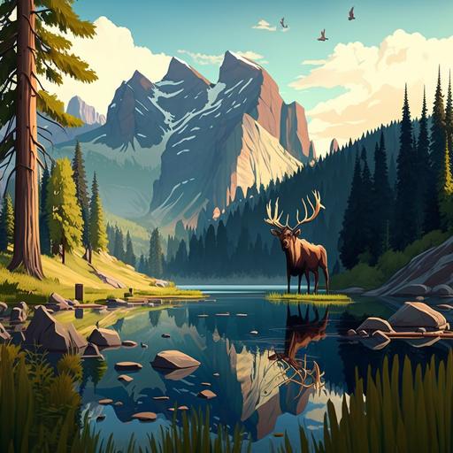 a lake in a forest with mountains in the background. Elk. Cartoon