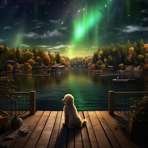 a lake in minnesota viewed from a deck of a house featuring a dock with a pontoon boat with a duck in the water and a golden doodle standing on the dock with the northern lights the central view is clear heavily wooded on each side photo realistic