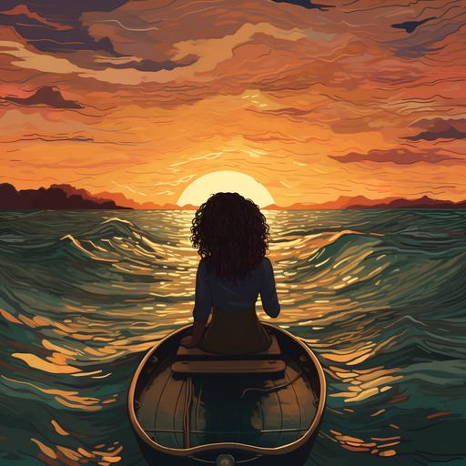 a landscape of a sunset over water with a small boat in the water and a woman with curly hair inside of the boat