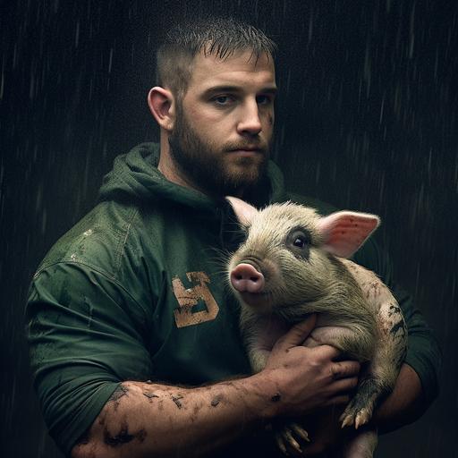 a large burly rugby player holding a piglet in a monsoon. the player's jersey should have a four leaf clover logo on the left chest. the mood should be intimidating and stike fear in the hearts of his opponents, high resolution portrait, dramatic lighting--s 750 --v 5.1 --s 750 --v 5.1