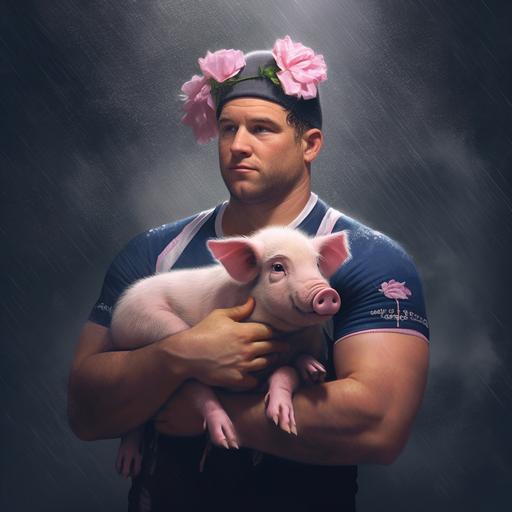 a large burly rugby player holding a piglet in a monsoon. the player's jersey should have a four leaf clover logo on the left chest. the mood should be intimidating and stike fear in the hearts of his opponents --s 750 --v 5.1