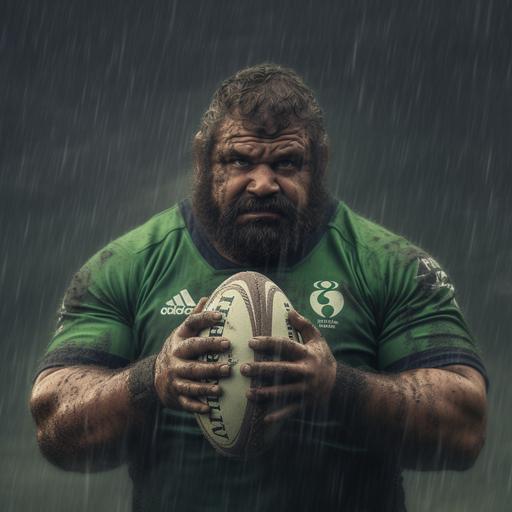 a large burly rugby player holding a rugby ball in a monsoon. the player's jersey should have a four leaf clover logo on the left chest. the mood should be intimidating and stike fear in the hearts of his opponents
