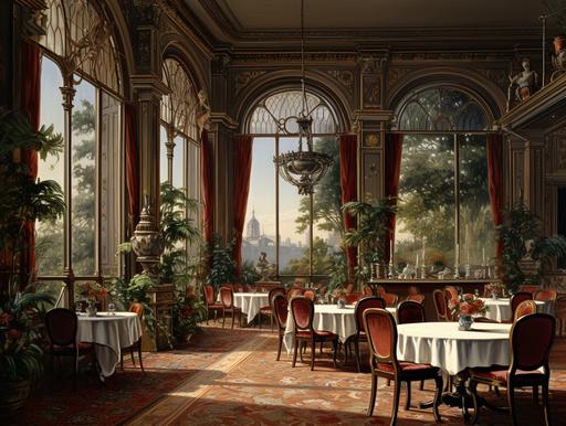 a large dining room of a big noble country house, in Paris, 1850 --ar 4:3 --v 5.2