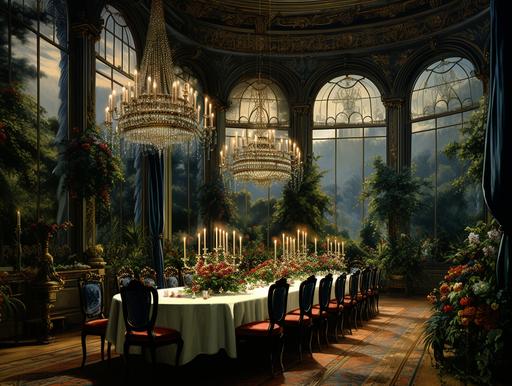 a large dining room of a big noble country house, in Paris, 1850, at night --ar 4:3 --v 5.2