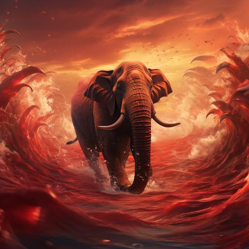 a large elephant running and behind the elephant is sea of red, time synthesis, Graphics, 64K, hyper quality --v 5.2