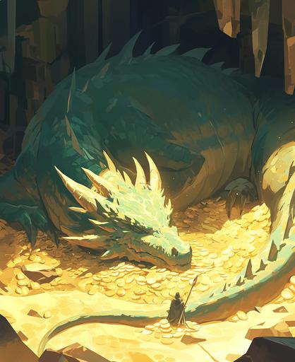 a large forest green dragon slumbering over a mountain of gold coins and bars inside a huge pit, detailed, shiny green scales, glistening gold, dark cave walls, chiaroscuro, --ar 9:11 --niji 6