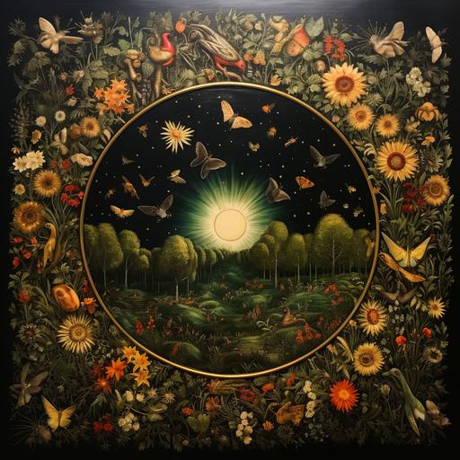 a large halo from the sun with gold & cream colors infinite details of fruits, birds, stones, water, butterfly, flowers embossed with dark green gilded