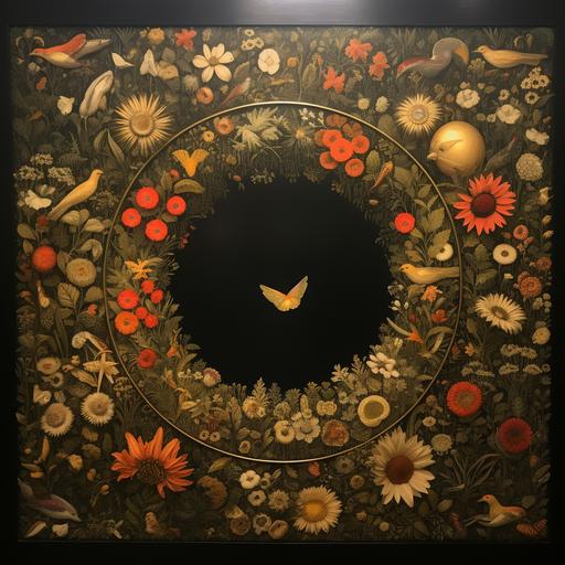 a large halo from the sun with gold & cream colors infinite details of fruits, birds, stones, water, butterfly, flowers embossed with dark green gilded --v 5.2