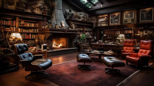 a large mahogany lined man-cave reading room, leather arm chairs, books, trophies awards, framed newspaper articles and memorabila, cinematic, some smoke in the air, ultra wide angle, dslr raw, --ar 16:9