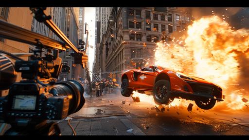 a large movie crew shooting an action sequence in New York City, a flaming car is flipping through the air as the windows of a building explode outward into the street, the camera is in the foreground capturing the action perfectly, hyperrealistic, ultra photorealistic, finely detailed, 12K, --ar 16:9