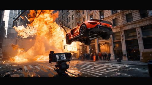 a large movie crew shooting an action sequence in New York City, a flaming car is flipping through the air as the windows of a building explode outward into the street, the camera is in the foreground capturing the action perfectly, hyperrealistic, ultra photorealistic, finely detailed, 12K, --ar 16:9 --v 6.0