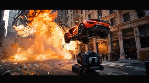 a large movie crew shooting an action sequence in New York City, a flaming car is flipping through the air as the windows of a building explode outward into the street, the camera is in the foreground capturing the action perfectly, hyperrealistic, ultra photorealistic, finely detailed, 12K, --v 6.0 --ar 16:9