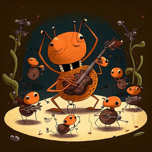 a large orange silly cricket with googly eyes dances while playing a tune on a brown the fiddle. A group of hard workling ants carrying food are ignoring him as they march past their queen into their colony in the style of Eric Carl