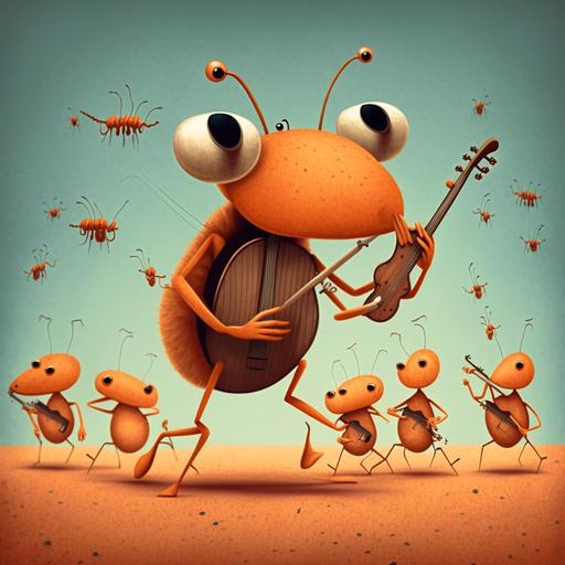 a large orange silly cricket with googly eyes dances while playing a tune on a brown the fiddle. A group of hard workling ants carrying food are ignoring him as they march past their queen into their colony in the style of Eric Carl