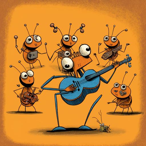 a large orange silly cricket with googly eyes dances while playing a tune on a brown the fiddle. A group of hard workling ants carrying food are ignoring him as they march past their queen into their colony in the style of picasso