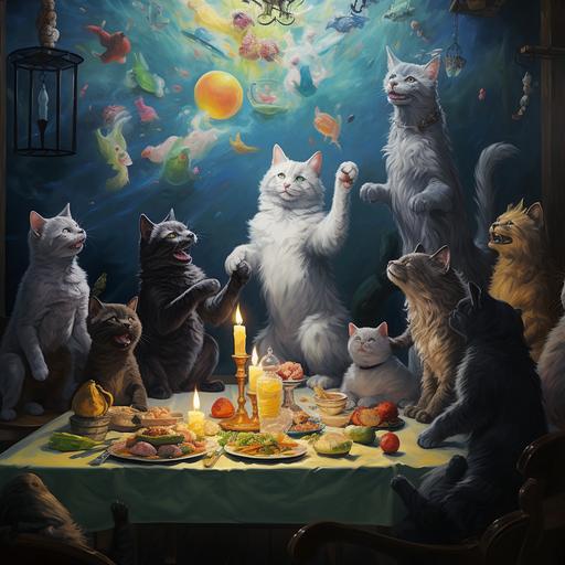 a large painting hung in a dining room, shows a Russian Blue cat, celebrate birthday, along with dogs and cats, anime style