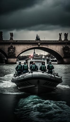 a large river police zodiac unflatable boat surrounded by divers in the water of the seine river close to the Pont neuf in paris   cinematic, epic, colorful, gloomy, contrast, photo realistic, cinematic shot, cinematic grading   cinematic post-processing   photo taken by ARRI, photo taken by Sony, photo taken by Canon, photo taken by Nikon, photo Taken by Sony, Photo taken by Hasselblad   Photorealistic   Incredibly detailed, sharp, detail   Meticulously designed environment   Professional lighting, Shooting lighting   disco, bright, moody environment   35mm   lightroom, a christopher mcquarrie action scene, unsplash   long Exposure - q 2 --ar 9:16 --uplight --v 4