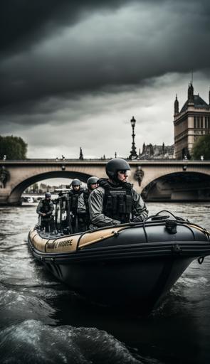 a large river police zodiac unflatable boat surrounded by divers in the water of the seine river close to the Pont neuf in paris   cinematic, epic, colorful, gloomy, contrast, photo realistic, cinematic shot, cinematic grading   cinematic post-processing   photo taken by ARRI, photo taken by Sony, photo taken by Canon, photo taken by Nikon, photo Taken by Sony, Photo taken by Hasselblad   Photorealistic   Incredibly detailed, sharp, detail   Meticulously designed environment   Professional lighting, Shooting lighting   disco, bright, moody environment   35mm   lightroom, a christopher mcquarrie action scene, unsplash   long Exposure - q 2 --ar 9:16 --uplight --v 4