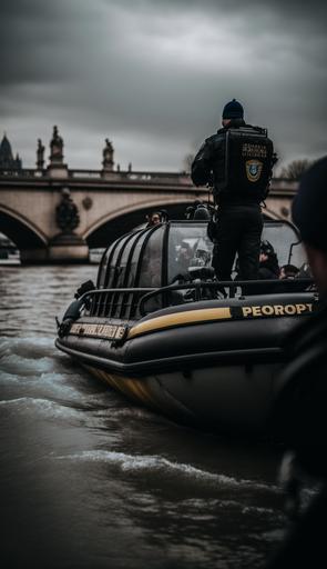 a large river police zodiac unflatable boat surrounded by divers in the water of the seine river close to the Pont neuf in paris   cinematic, epic, colorful, gloomy, contrast, photo realistic, cinematic shot, cinematic grading   cinematic post-processing   photo taken by ARRI, photo taken by Sony, photo taken by Canon, photo taken by Nikon, photo Taken by Sony, Photo taken by Hasselblad   Photorealistic   Incredibly detailed, sharp, detail   Meticulously designed environment   Professional lighting, Shooting lighting   disco, bright, moody environment   35mm   lightroom, a christopher mcquarrie action scene, unsplash   long Exposure - q 2 --ar 9:16 --uplight --v 4