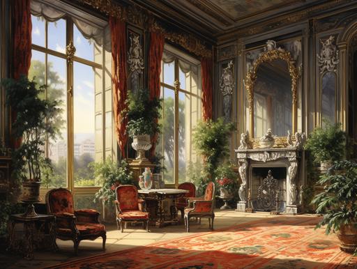 a large room, without furniture, with paintings and a big fireplace, of a big noble country house, in Paris, 1850 --ar 4:3 --v 5.2