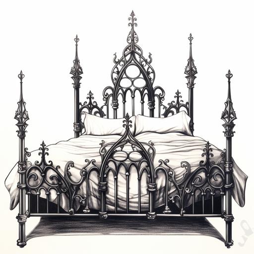 a large wrought iron gothic bed frame black and white chapbook style illustration white background