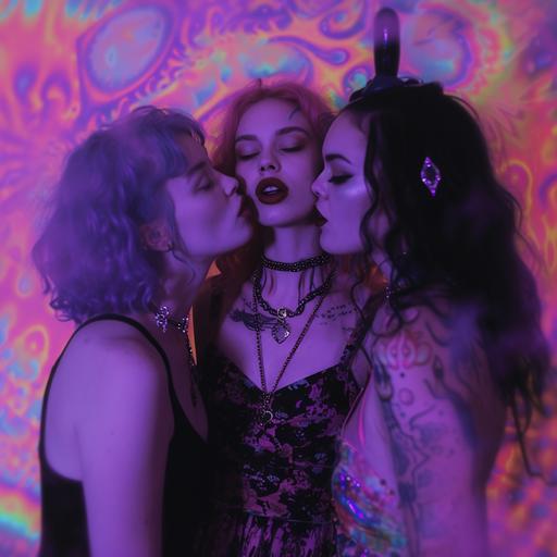 a lavender lesbian goth woman must choose between her girlfriends: on the left a dark rose dancer woman and on the right a tall tulip hippie sweetness and light psychedelic swirl of a woman. biting her lips as she tries to choose. film still, digital upscaled --v 6.0
