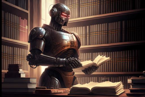a lawyer-robot, reading a patent document, in a dusty and antique office, shelves lined with leather-bound volumes --ar 3:2 --v 4