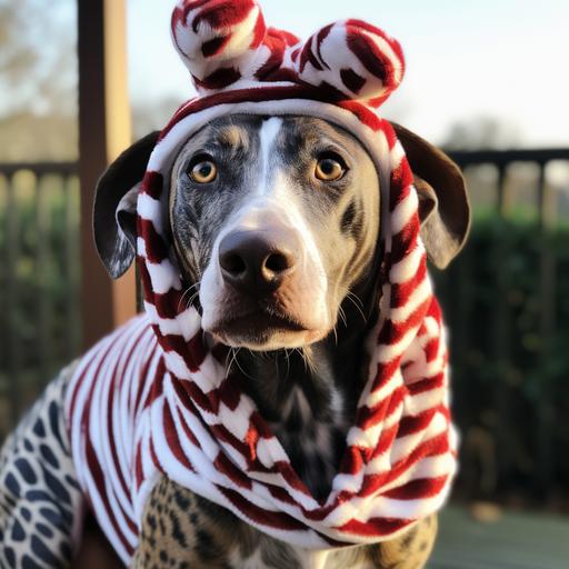 a lean Louisiana catahoula leopard dog wearing a Santa hat and a zebra striped blanket wrapped around him