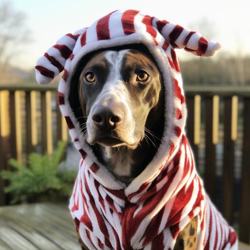 a lean Louisiana catahoula leopard dog wearing a Santa hat and a zebra striped blanket wrapped around him
