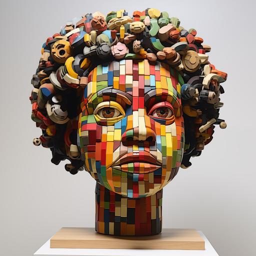 a lego of artist of a young boy black skin color 2 years old face decorated with colorful bricks, in the style of wood sculptor, sandro botticelli, paper sculptures, winslow homer, detailed perfection, large-scale muralist, picassoesque