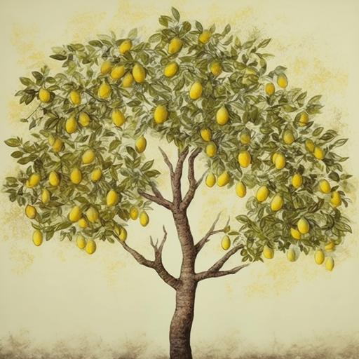 a lemon tree painting with this trees  exact shape growing fuller to the right and this trees exact leaf size but looks a bit more realistic like this tree  --v 5.0 --s 750