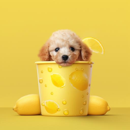 a lemonade cup, with the word doha in it, have a puppy inside the cup,cute dog