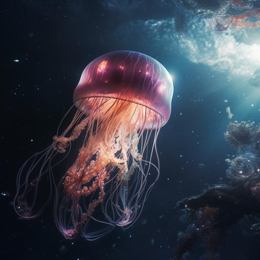 a leviathan jellyfish in space, it floats freely and menacingly, the jellyfish faces an oncoming spaceship, the jellyfish reaches out to the tiny spaceship with its tendrils, photorealistic, 4k, 16:9