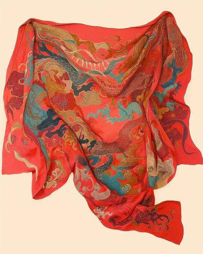 a light red and gold silk scarf with an abstract loong dragon pattern on it, in the style of victor moscoso, celebration of rural life, denis sarazhin, lithograph, jim woodring, birds & flowers, enchanting realms --ar 4:5 --niji 6 --s 50