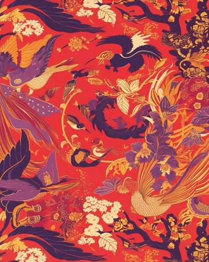 a light red and gold silk scarf with an abstract loong dragon pattern on it, in the style of victor moscoso, celebration of rural life, denis sarazhin, lithograph, jim woodring, birds & flowers, enchanting realms --ar 4:5 --niji 6 --s 50